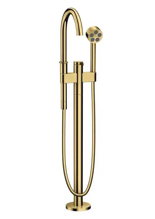 Stehender Einhebel-Wannenmischer in Polished Gold Optic von AXOR, mit Handbrause und klaren Linien, montiert auf einem stabilen Sockel.